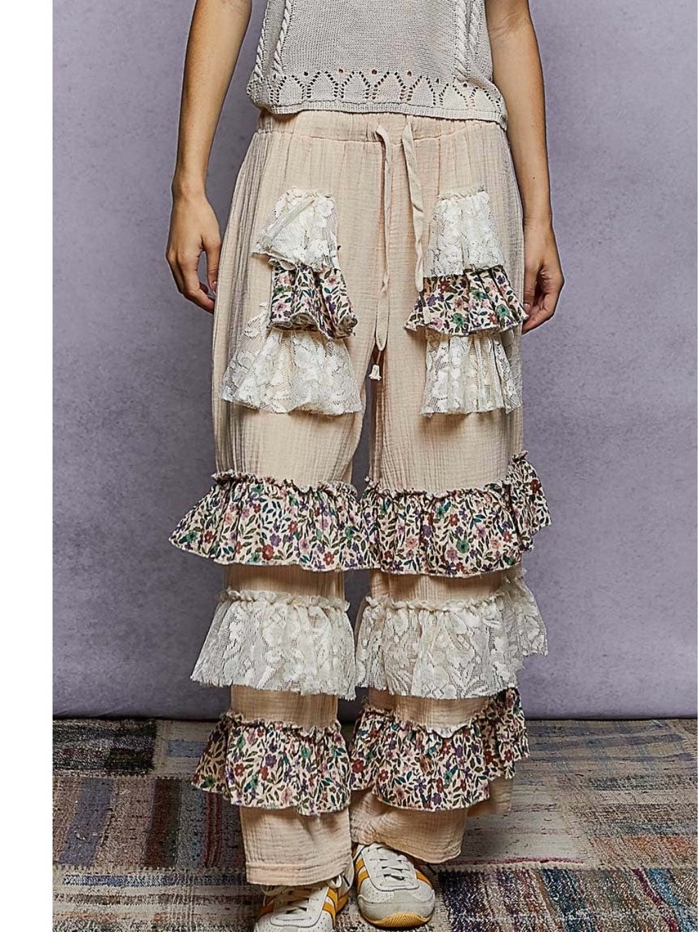 POL Tan & Floral Tiered Pants